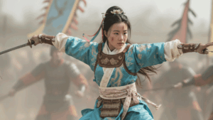 AI画像生成ツールで作成した戦場で戦う若い女性