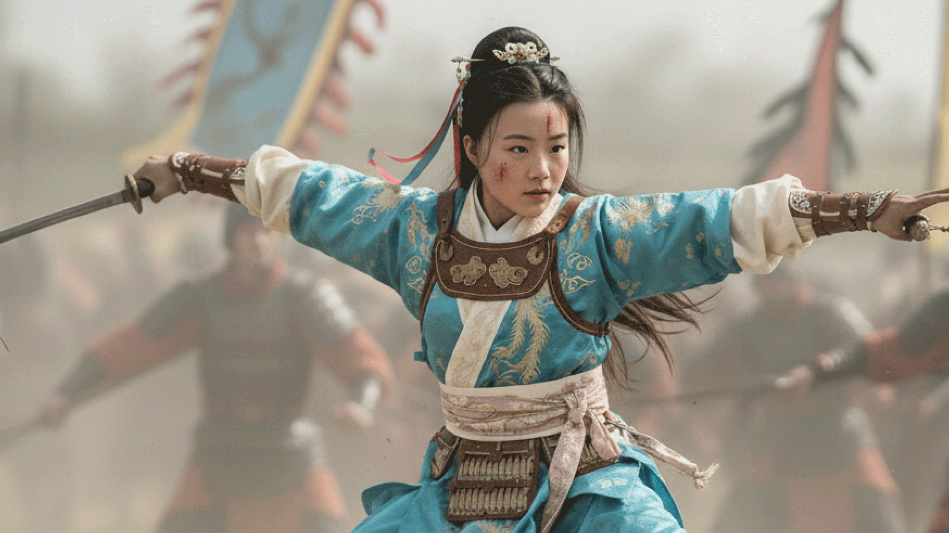 AI画像生成ツールで作成した戦場で戦う若い女性