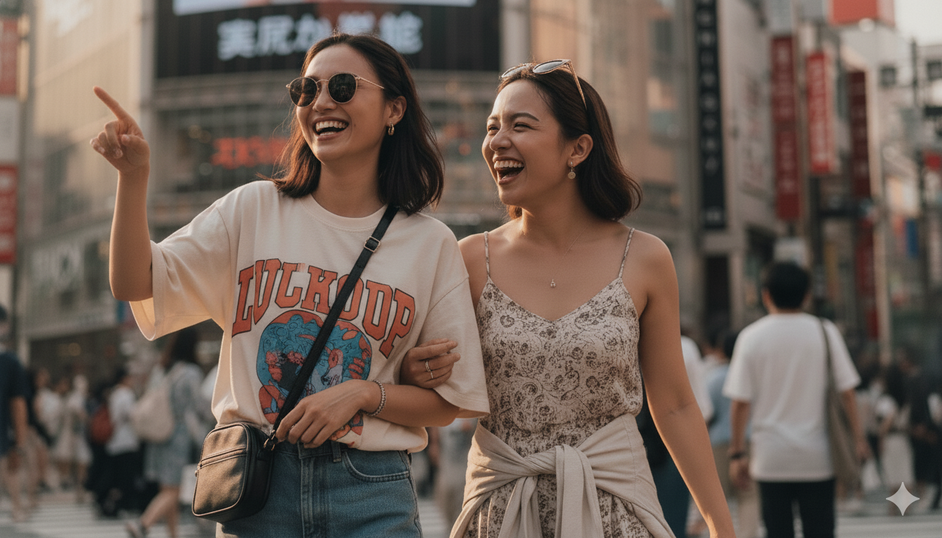 休日に渋谷を楽しそうに歩く、20代前半の２人の女の子のAI生成画像